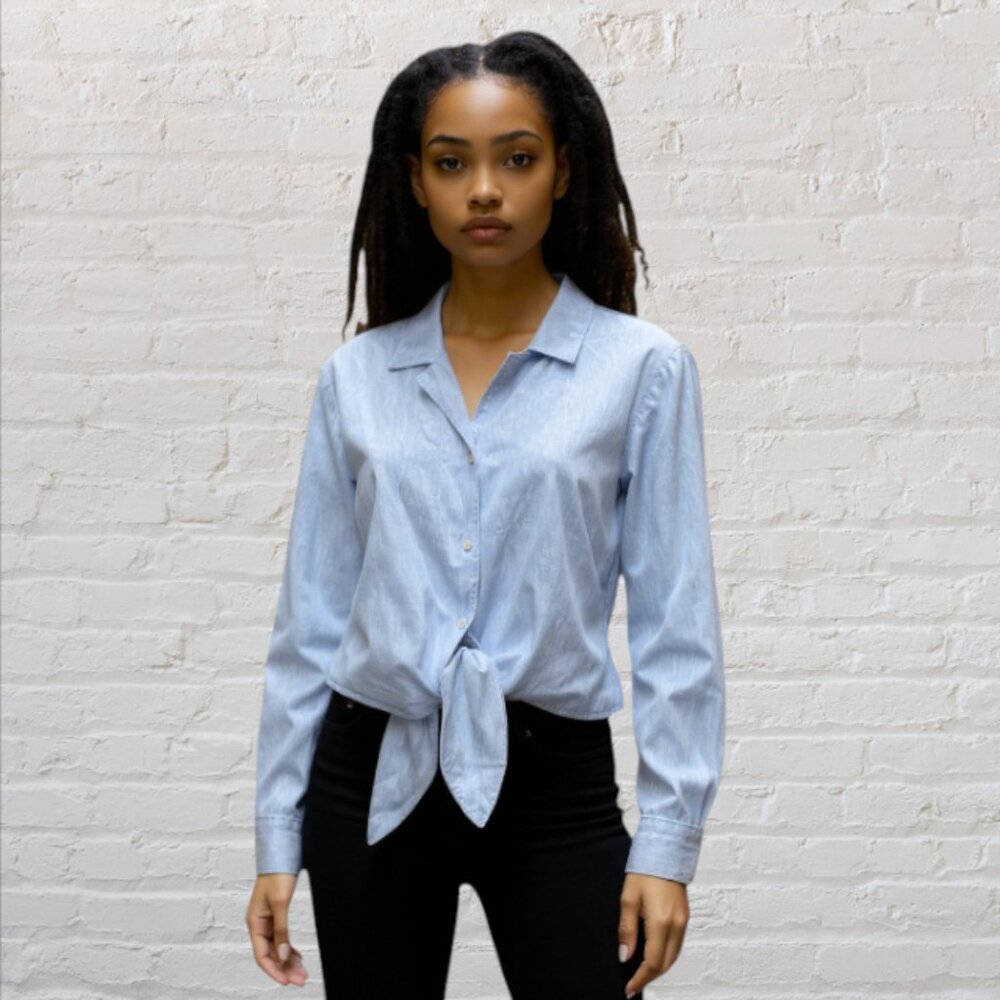 VINTAGE JOSEPHINE CHAUS -- Chambray Shirt, Front-Tie, Long Sleeve, Button Down
